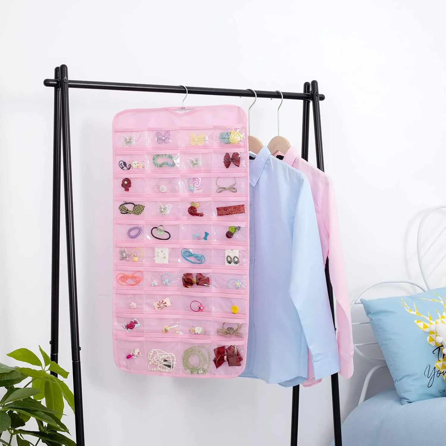 1-Pack Hanging Jewelry Organizer 80-Pocket Dual-sided Jewelry Storage for Jewelry Earring Necklace Bracelet Ring Storage Travel Holder, Pink