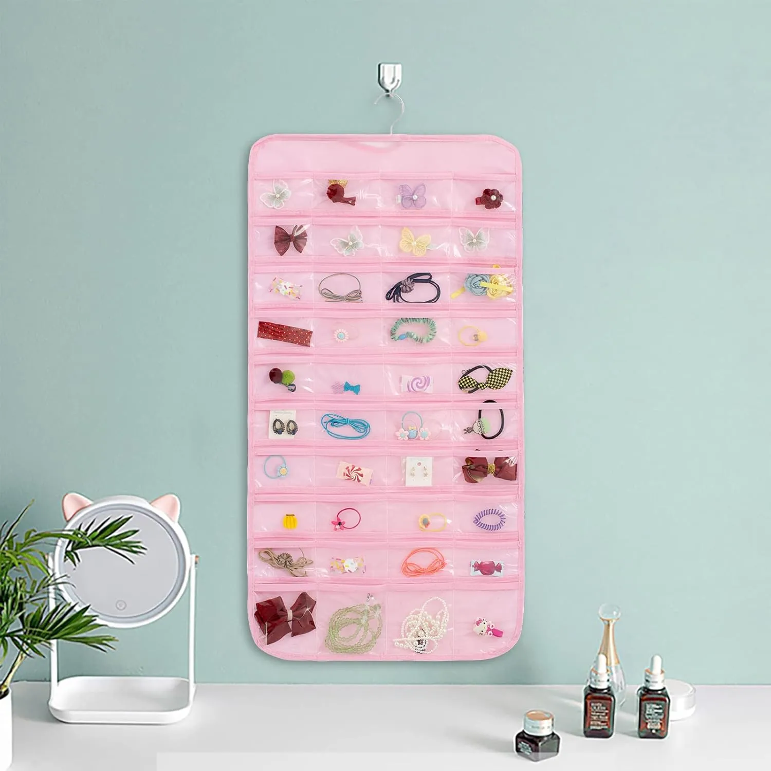 1-Pack Hanging Jewelry Organizer 80-Pocket Dual-sided Jewelry Storage for Jewelry Earring Necklace Bracelet Ring Storage Travel Holder, Pink