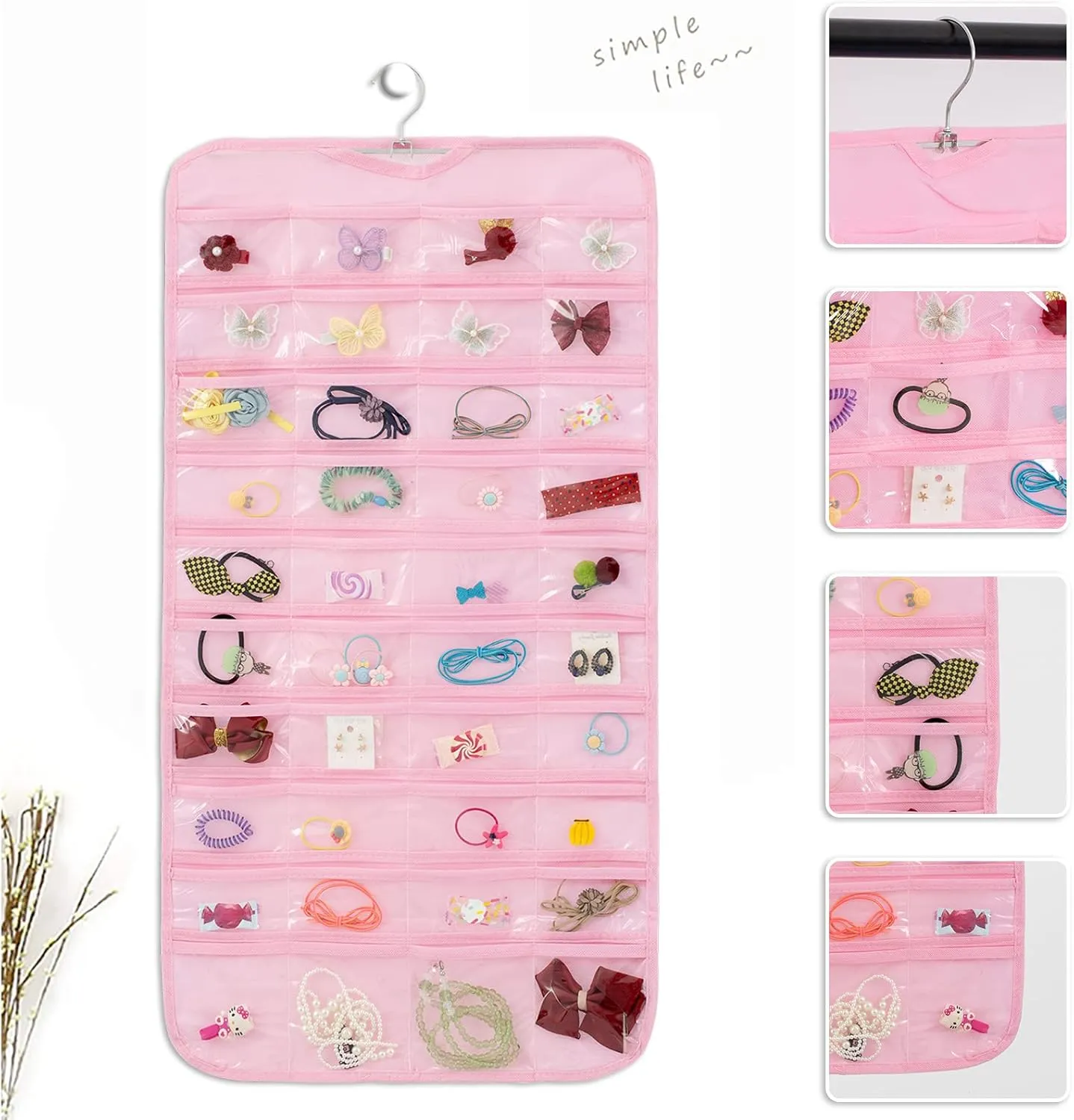 1-Pack Hanging Jewelry Organizer 80-Pocket Dual-sided Jewelry Storage for Jewelry Earring Necklace Bracelet Ring Storage Travel Holder, Pink