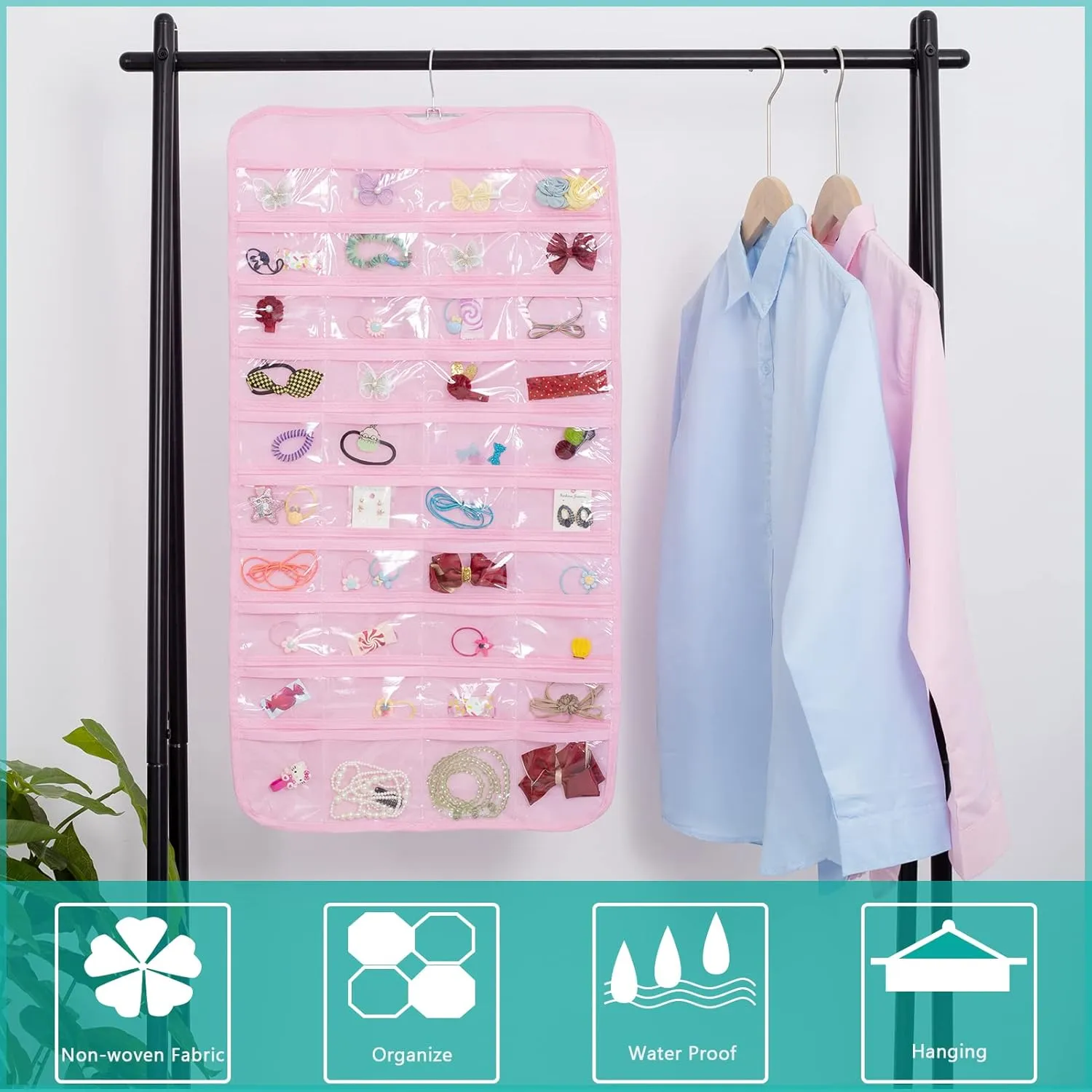 1-Pack Hanging Jewelry Organizer 80-Pocket Dual-sided Jewelry Storage for Jewelry Earring Necklace Bracelet Ring Storage Travel Holder, Pink