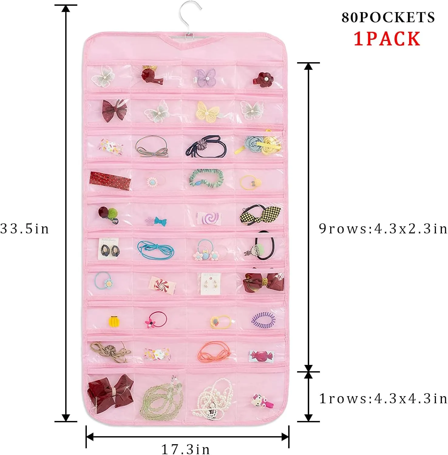 1-Pack Hanging Jewelry Organizer 80-Pocket Dual-sided Jewelry Storage for Jewelry Earring Necklace Bracelet Ring Storage Travel Holder, Pink