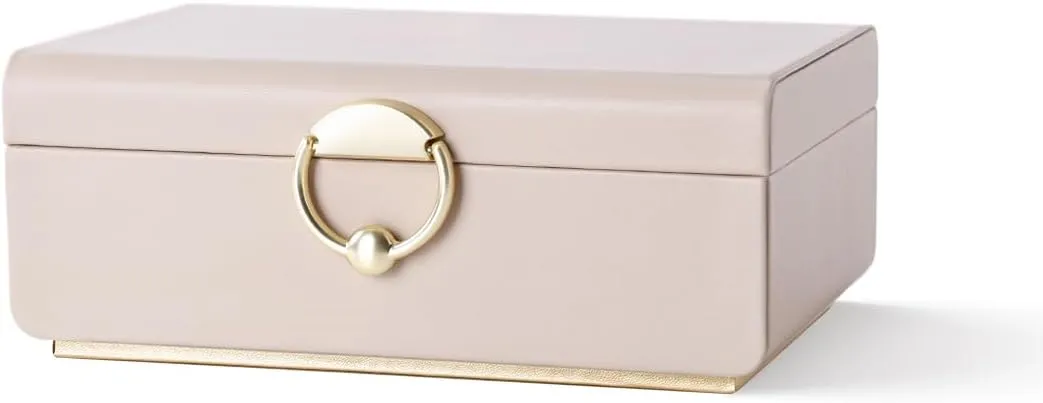 2 Layer Jewelry Box for Women, Jewelry Organizer with Removable Tray, Gold Handle, Jewelry Storage for Necklace Bracelet Earrings Rings, Light Taupe