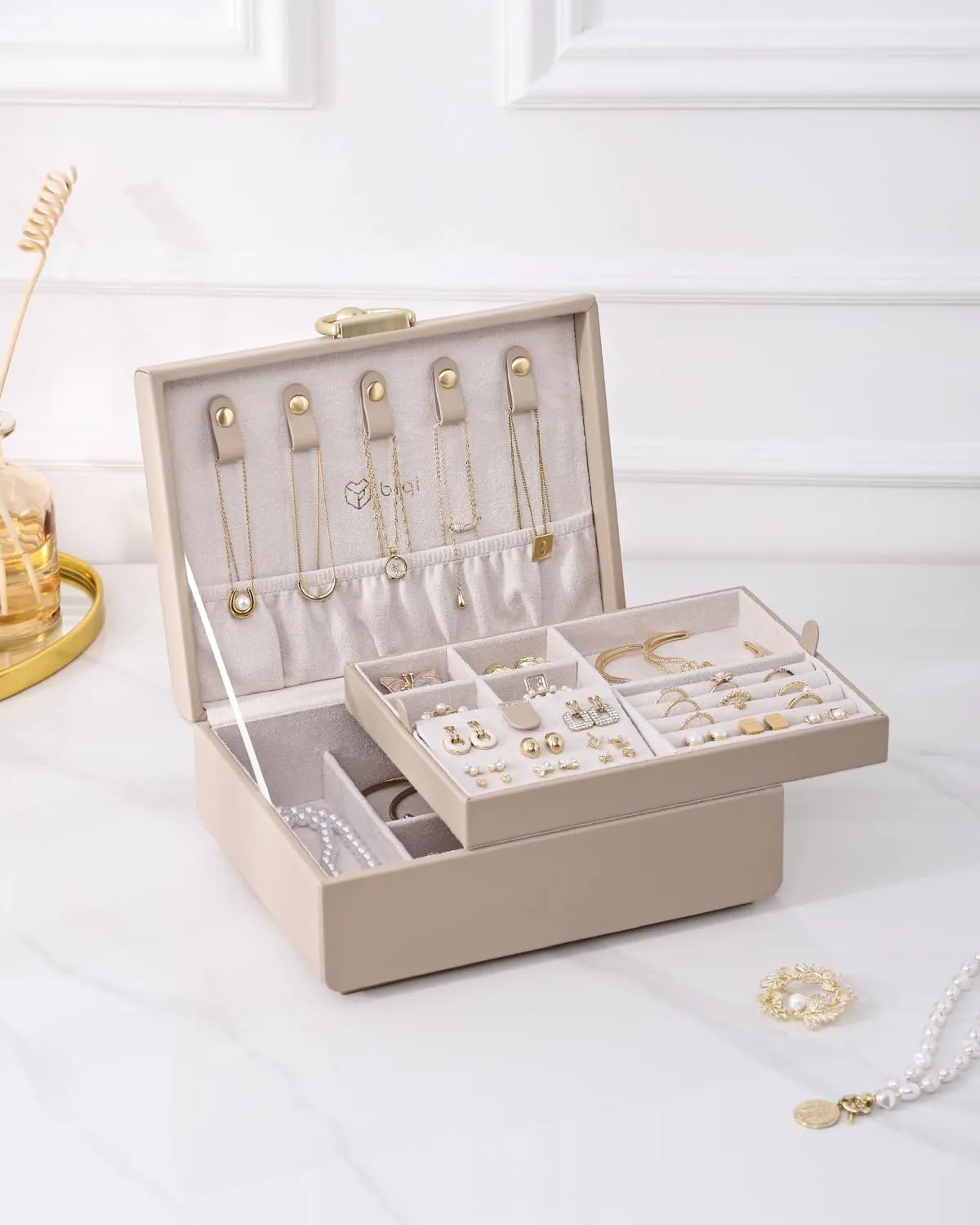 2 Layer Jewelry Box for Women, Jewelry Organizer with Removable Tray, Gold Handle, Jewelry Storage for Necklace Bracelet Earrings Rings, Light Taupe