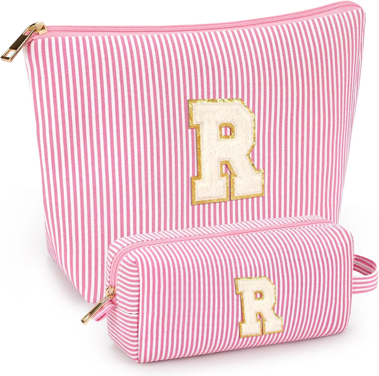 2 PCS Initial Makeup Bags for Women: Cosmetic Bag for Travel Toiletry - Birthday Gifts for 11 12 13 14 15 16 17 18 Years Old Girl Graduation Teacher Gift- Teen Girl Gifts Trendy Stuff - Pink R