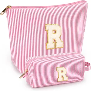 2 PCS Initial Makeup Bags for Women: Cosmetic Bag for Travel Toiletry - Birthday Gifts for 11 12 13 14 15 16 17 18 Years Old Girl Graduation Teacher Gift- Teen Girl Gifts Trendy Stuff - Pink R