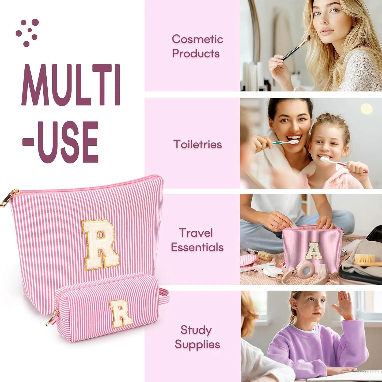 2 PCS Initial Makeup Bags for Women: Cosmetic Bag for Travel Toiletry - Birthday Gifts for 11 12 13 14 15 16 17 18 Years Old Girl Graduation Teacher Gift- Teen Girl Gifts Trendy Stuff - Pink R