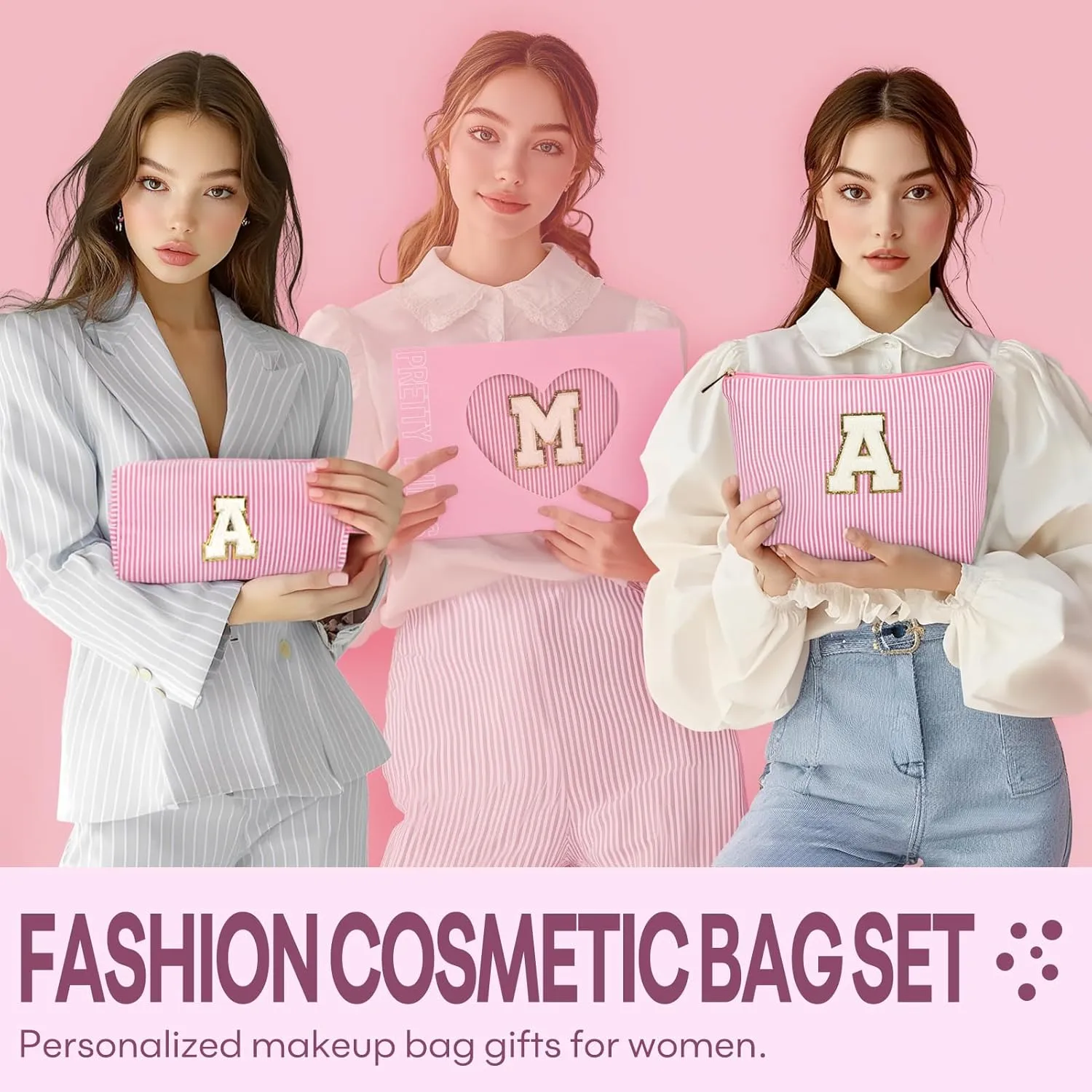 2 PCS Initial Makeup Bags for Women: Cosmetic Bag for Travel Toiletry - Birthday Gifts for 11 12 13 14 15 16 17 18 Years Old Girl Graduation Teacher Gift- Teen Girl Gifts Trendy Stuff - Pink R
