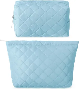 2 Pcs Quilted Makeup Bag Aesthetic Cosmetic Pouch for Women Puffer Travel Toiletry Bag Set Cotton Small Purse Pouch Pencil Case Makeup Organizer with Zipper(Blue)