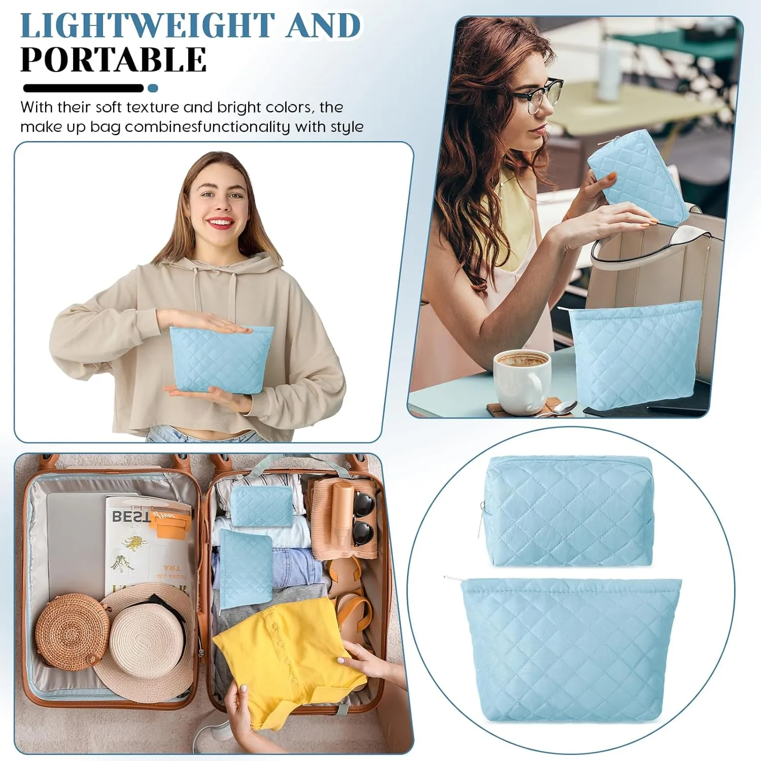 2 Pcs Quilted Makeup Bag Aesthetic Cosmetic Pouch for Women Puffer Travel Toiletry Bag Set Cotton Small Purse Pouch Pencil Case Makeup Organizer with Zipper(Blue)