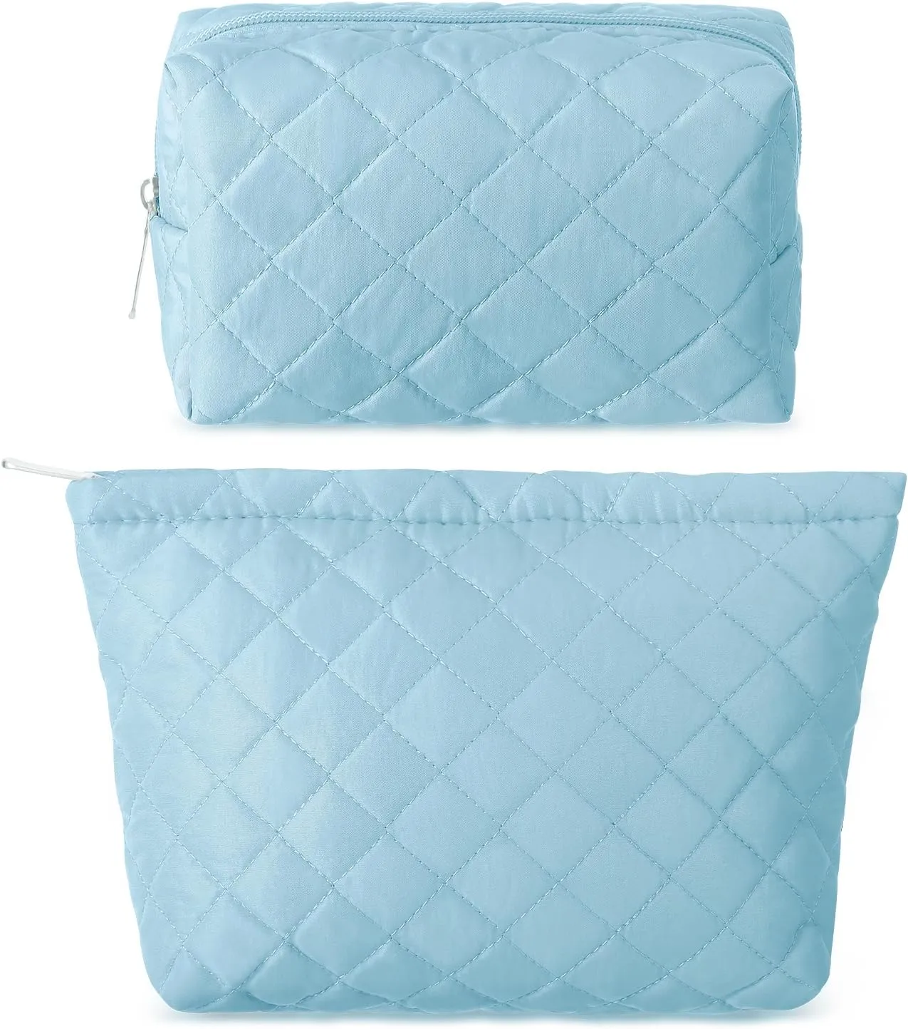 2 Pcs Quilted Makeup Bag Aesthetic Cosmetic Pouch for Women Puffer Travel Toiletry Bag Set Cotton Small Purse Pouch Pencil Case Makeup Organizer with Zipper(Blue)