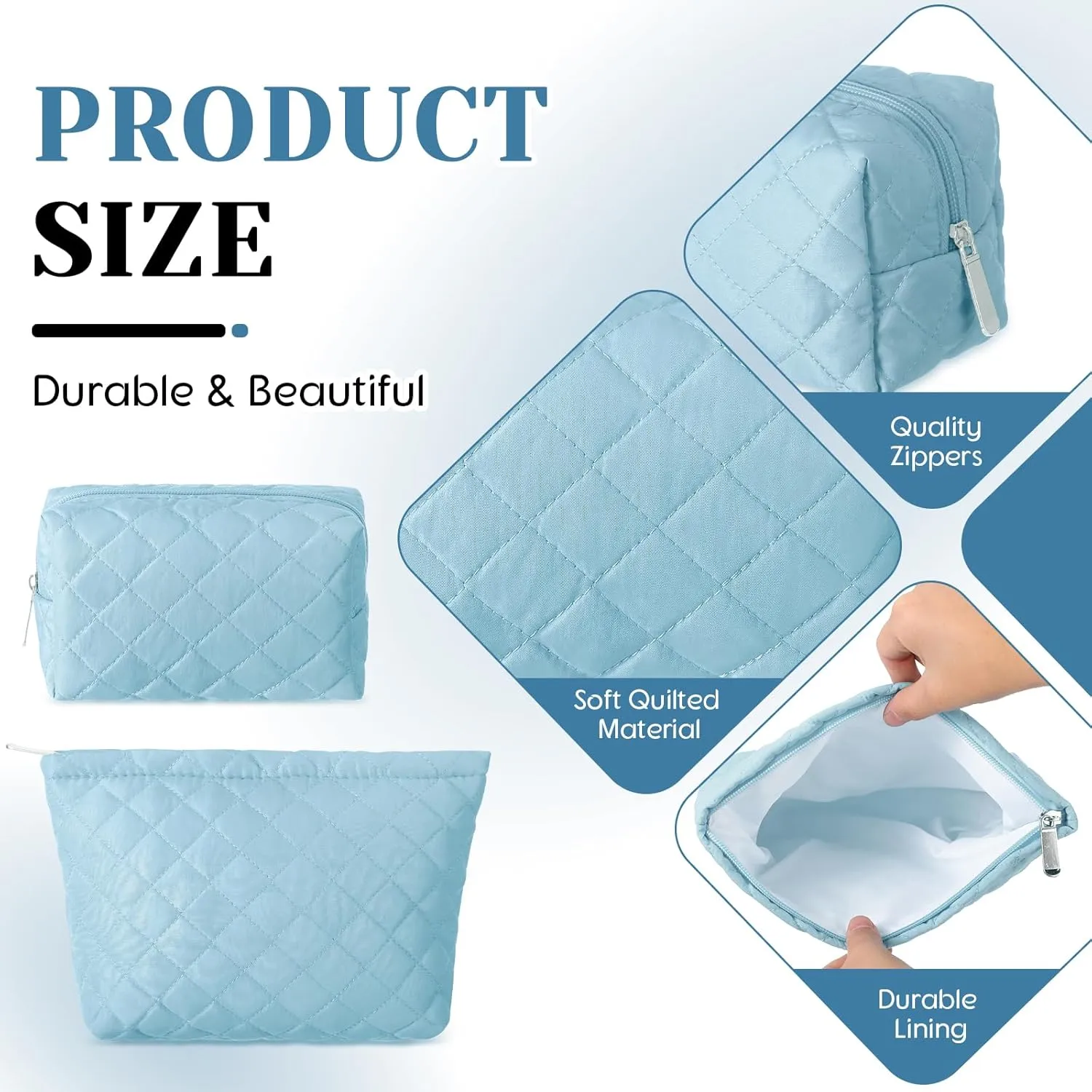 2 Pcs Quilted Makeup Bag Aesthetic Cosmetic Pouch for Women Puffer Travel Toiletry Bag Set Cotton Small Purse Pouch Pencil Case Makeup Organizer with Zipper(Blue)