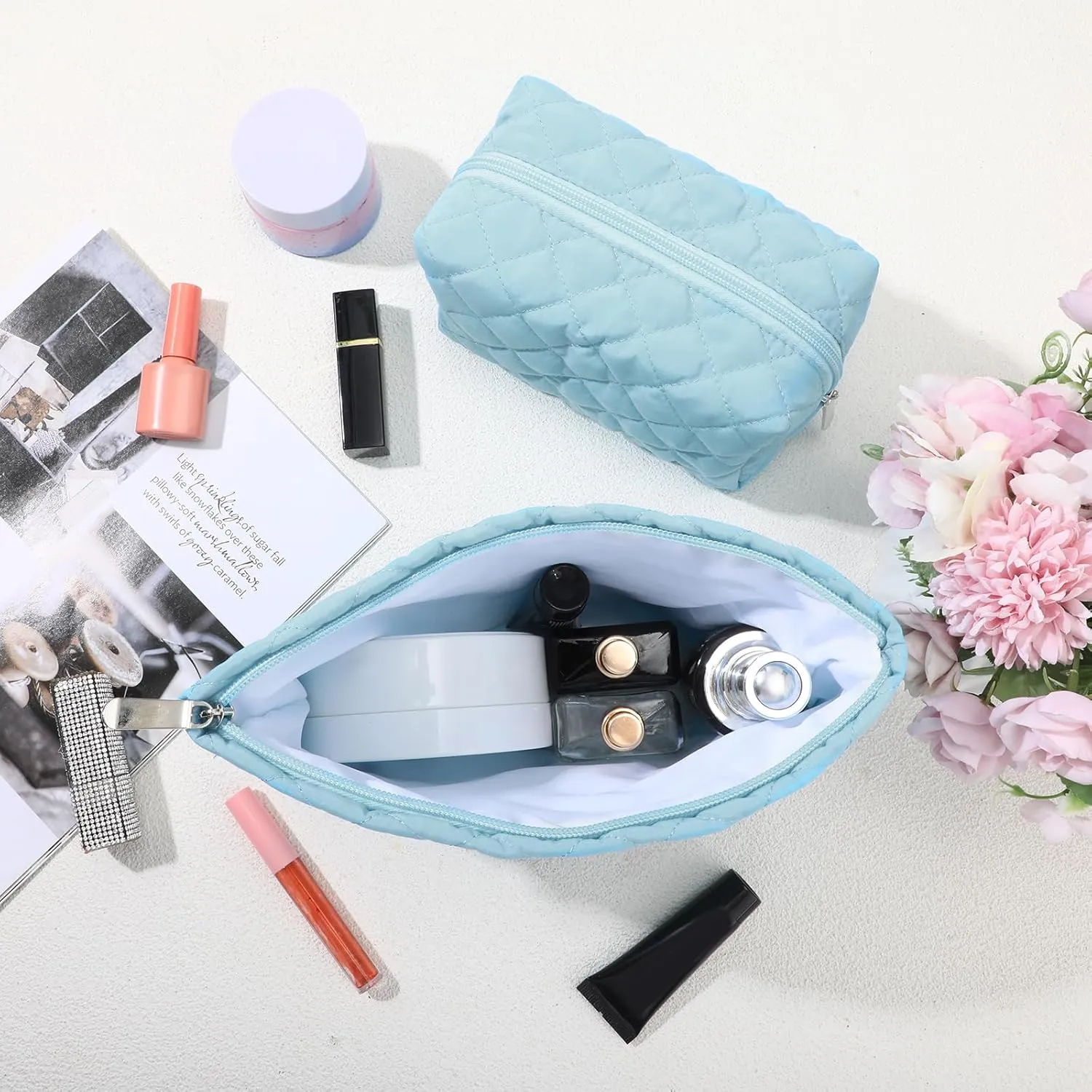 2 Pcs Quilted Makeup Bag Aesthetic Cosmetic Pouch for Women Puffer Travel Toiletry Bag Set Cotton Small Purse Pouch Pencil Case Makeup Organizer with Zipper(Blue)
