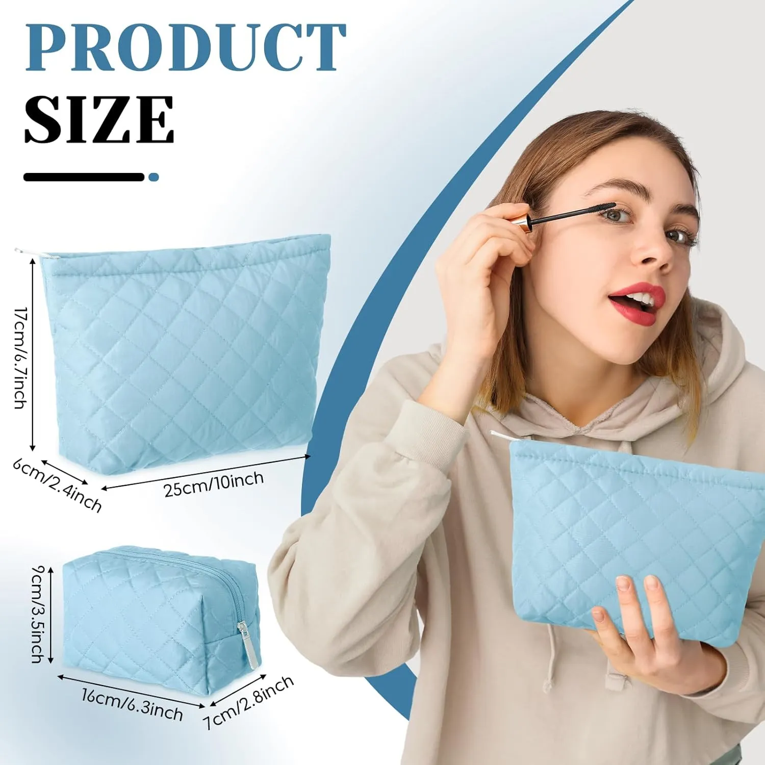 2 Pcs Quilted Makeup Bag Aesthetic Cosmetic Pouch for Women Puffer Travel Toiletry Bag Set Cotton Small Purse Pouch Pencil Case Makeup Organizer with Zipper(Blue)