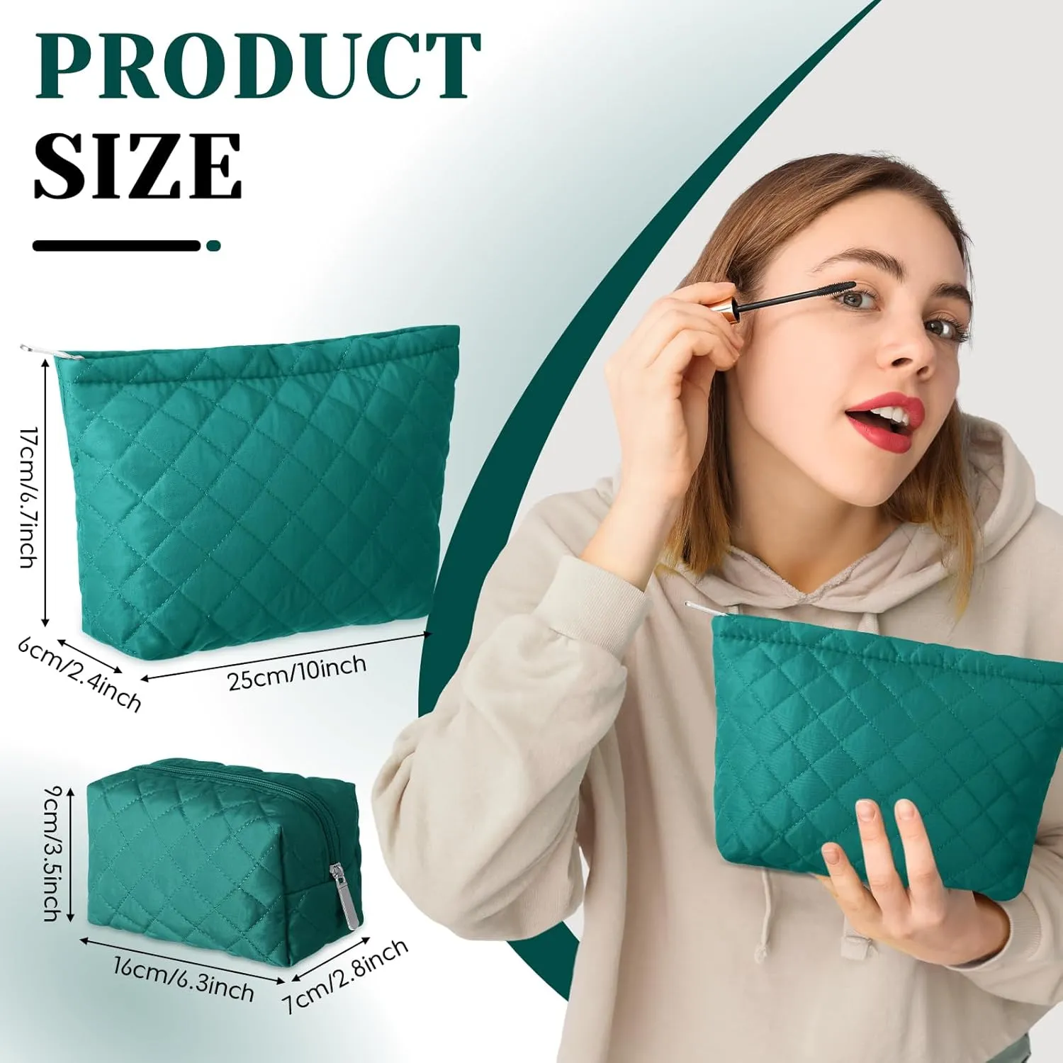 2 Pcs Quilted Makeup Bag Aesthetic Cosmetic Pouch for Women Puffer Travel Toiletry Bag Set Cotton Small Purse Pouch Pencil Case Makeup Organizer with Zipper(Green)