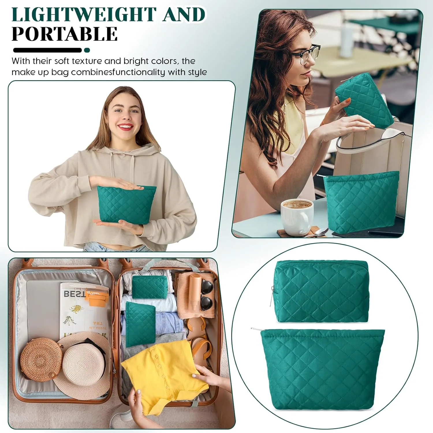 2 Pcs Quilted Makeup Bag Aesthetic Cosmetic Pouch for Women Puffer Travel Toiletry Bag Set Cotton Small Purse Pouch Pencil Case Makeup Organizer with Zipper(Green)