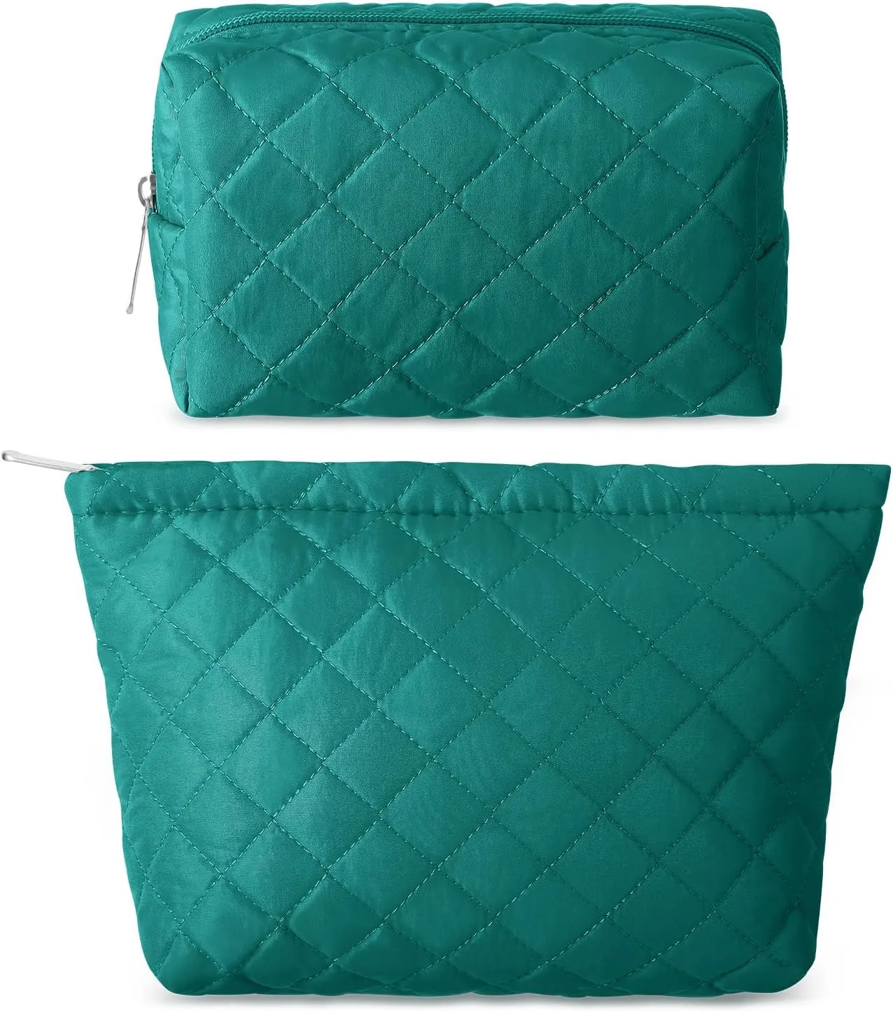 2 Pcs Quilted Makeup Bag Aesthetic Cosmetic Pouch for Women Puffer Travel Toiletry Bag Set Cotton Small Purse Pouch Pencil Case Makeup Organizer with Zipper(Green)
