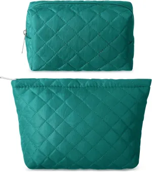 2 Pcs Quilted Makeup Bag Aesthetic Cosmetic Pouch for Women Puffer Travel Toiletry Bag Set Cotton Small Purse Pouch Pencil Case Makeup Organizer with Zipper(Green)