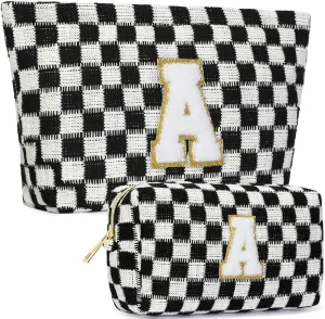 2 Pieces Checkered Makeup Bag Personalized Initial Makeup Bag Large Capacity Travel Make Up Bag with Cute Pouch Graduation Gifts Birthday Wedding Gifts for Women (Black-A)
