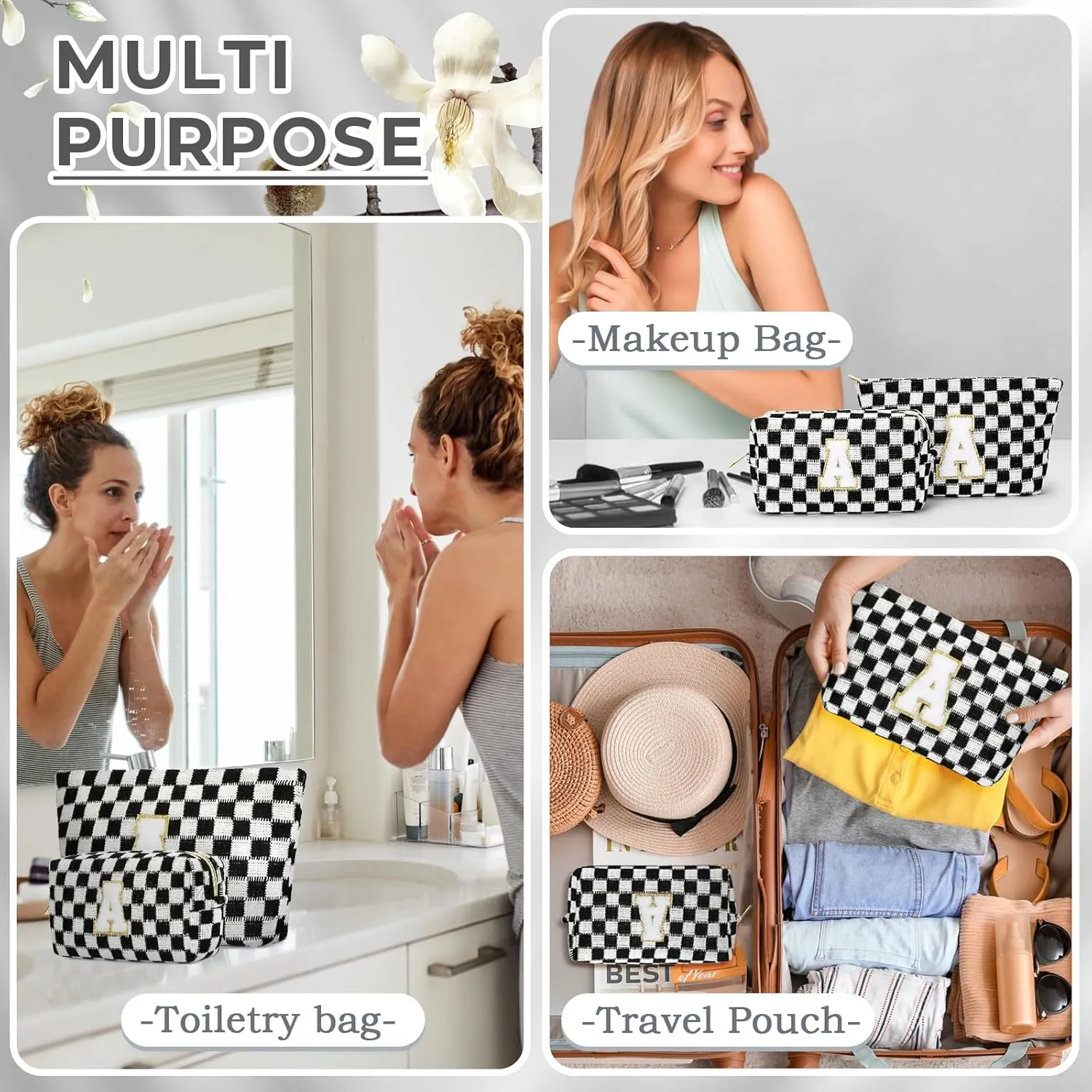 2 Pieces Checkered Makeup Bag Personalized Initial Makeup Bag Large Capacity Travel Make Up Bag with Cute Pouch Graduation Gifts Birthday Wedding Gifts for Women (Black-A)