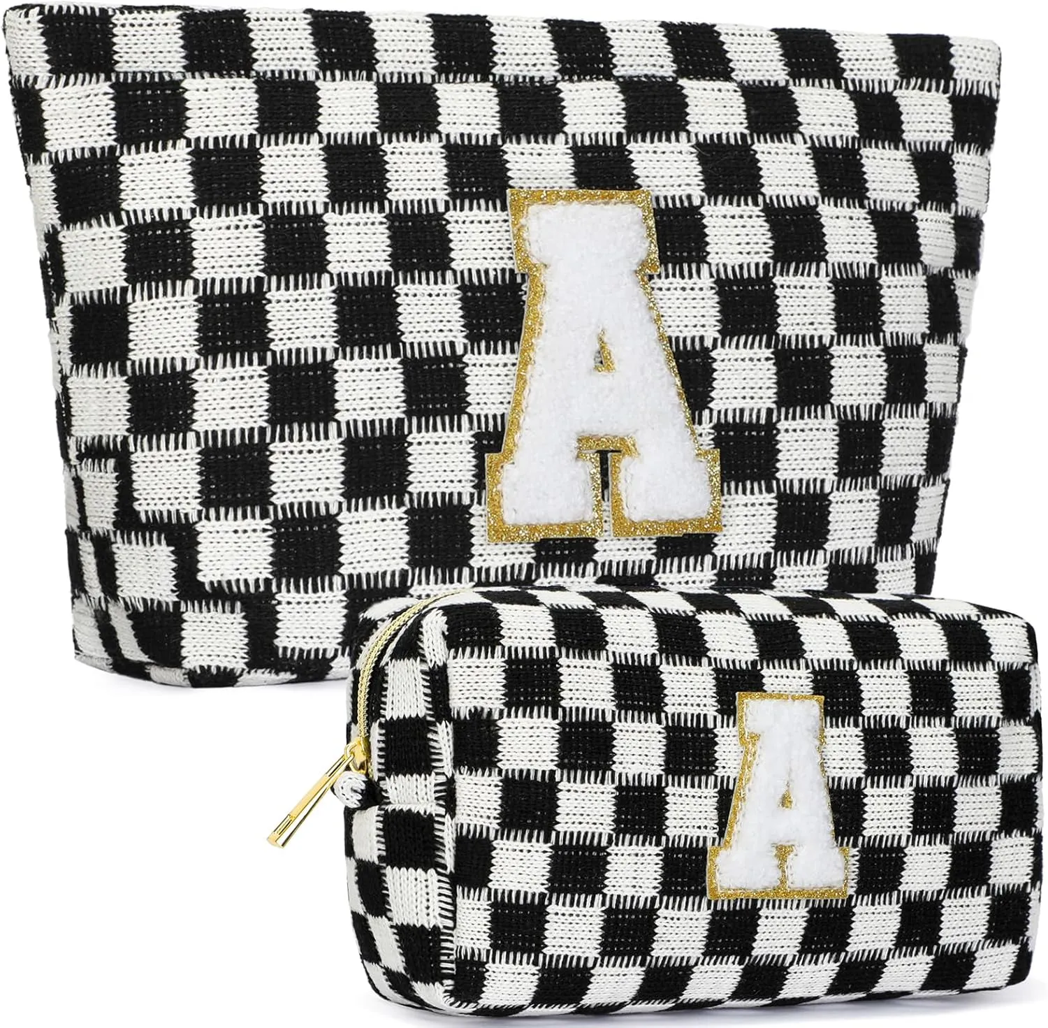 2 Pieces Checkered Makeup Bag Personalized Initial Makeup Bag Large Capacity Travel Make Up Bag with Cute Pouch Graduation Gifts Birthday Wedding Gifts for Women (Black-A)