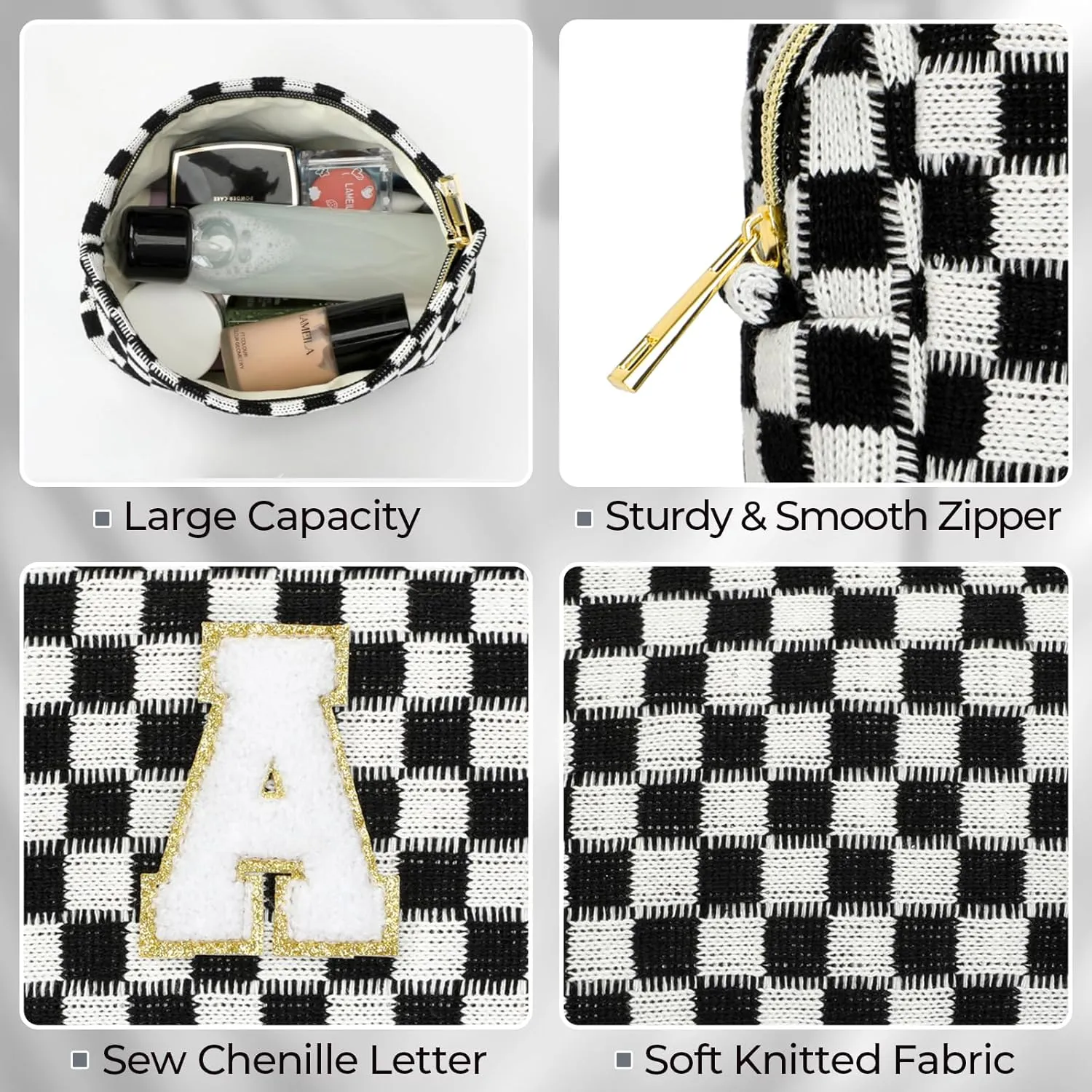 2 Pieces Checkered Makeup Bag Personalized Initial Makeup Bag Large Capacity Travel Make Up Bag with Cute Pouch Graduation Gifts Birthday Wedding Gifts for Women (Black-A)