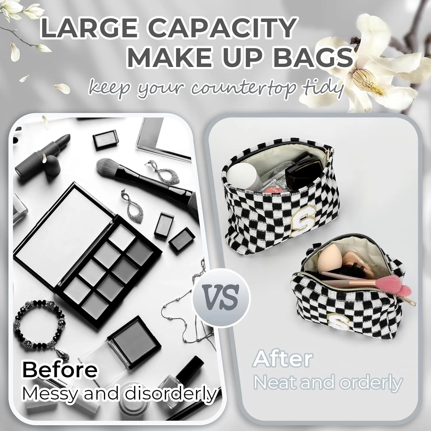 2 Pieces Checkered Makeup Bag Personalized Initial Makeup Bag Large Capacity Travel Make Up Bag with Cute Pouch Graduation Gifts Birthday Wedding Gifts for Women (Black-A)