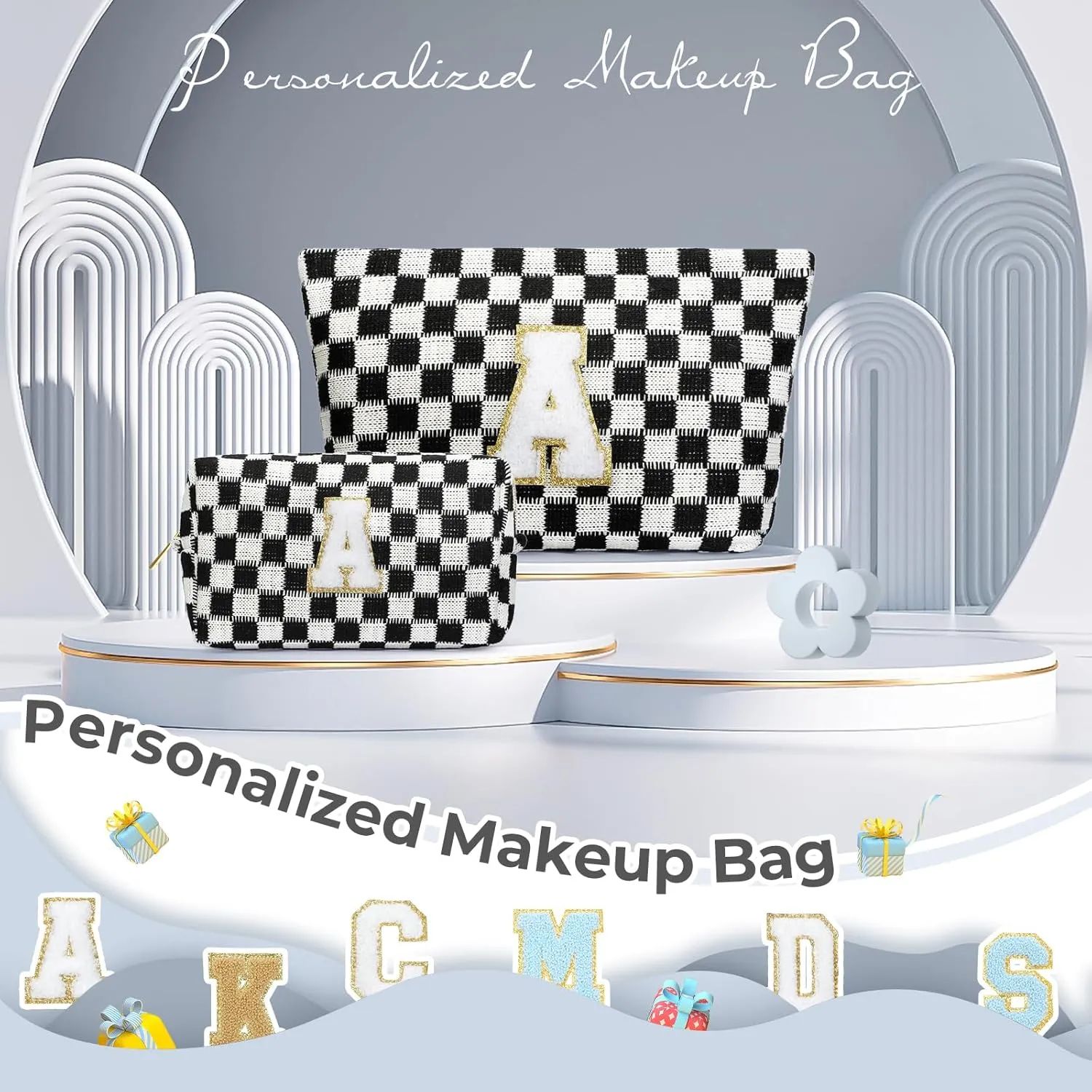 2 Pieces Checkered Makeup Bag Personalized Initial Makeup Bag Large Capacity Travel Make Up Bag with Cute Pouch Graduation Gifts Birthday Wedding Gifts for Women (Black-A)