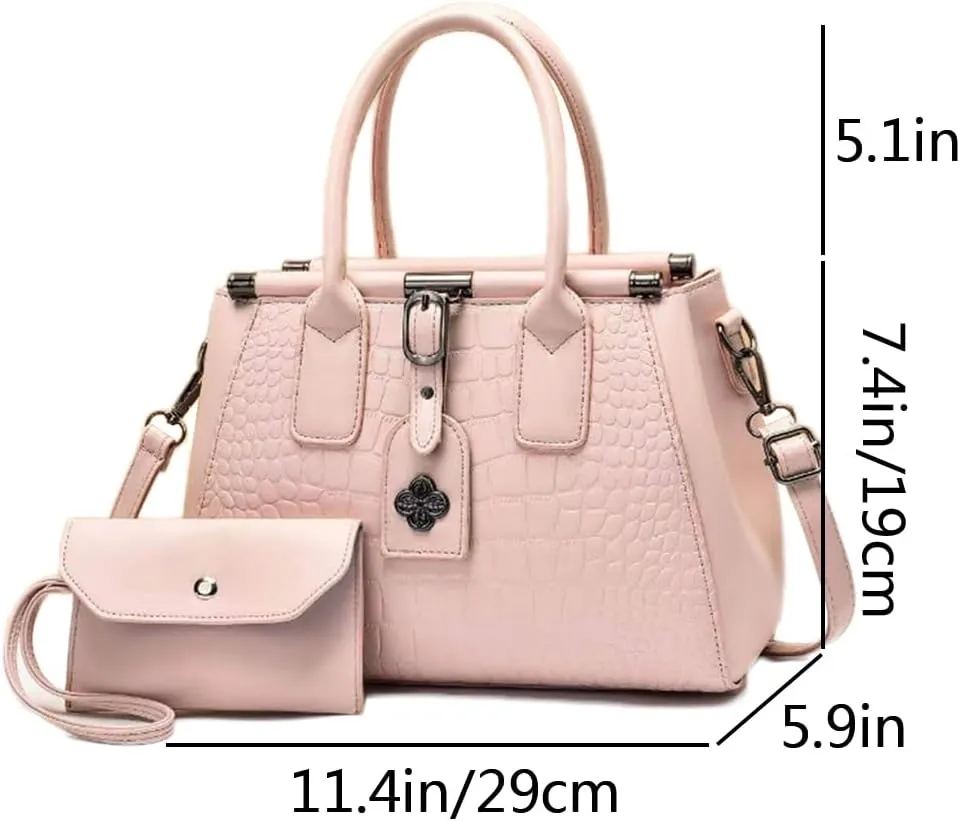 2pcs Women Top Handle Satchel and Purse Faux Leather Totes Shoulder Bags Clutch Wallet
