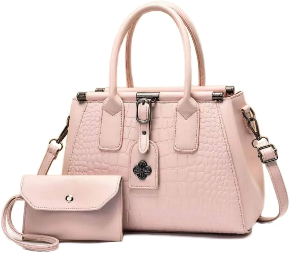 2pcs Women Top Handle Satchel and Purse Faux Leather Totes Shoulder Bags Clutch Wallet
