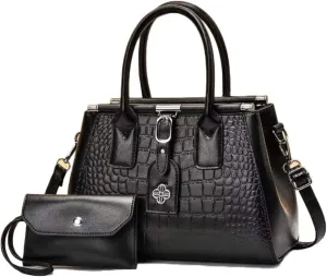 2pcs Women Top Handle Satchel and Purse Faux Leather Totes Shoulder Bags Clutch Wallet