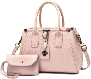 2pcs Women Top Handle Satchel and Purse Faux Leather Totes Shoulder Bags Clutch Wallet
