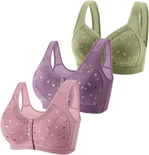 3 Pack Daisy Bras for Older Women,Front Close Button Cotton Bras Comfy Full Support Wide Back No Underwire Bra1