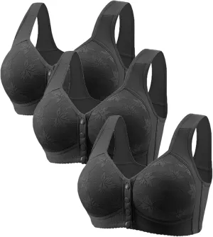 3 Pack Daisy Bras for Women Plus Size Bras Front Closure Bras No Underwire Full Coverage Bralettes Everyday Wear Bras