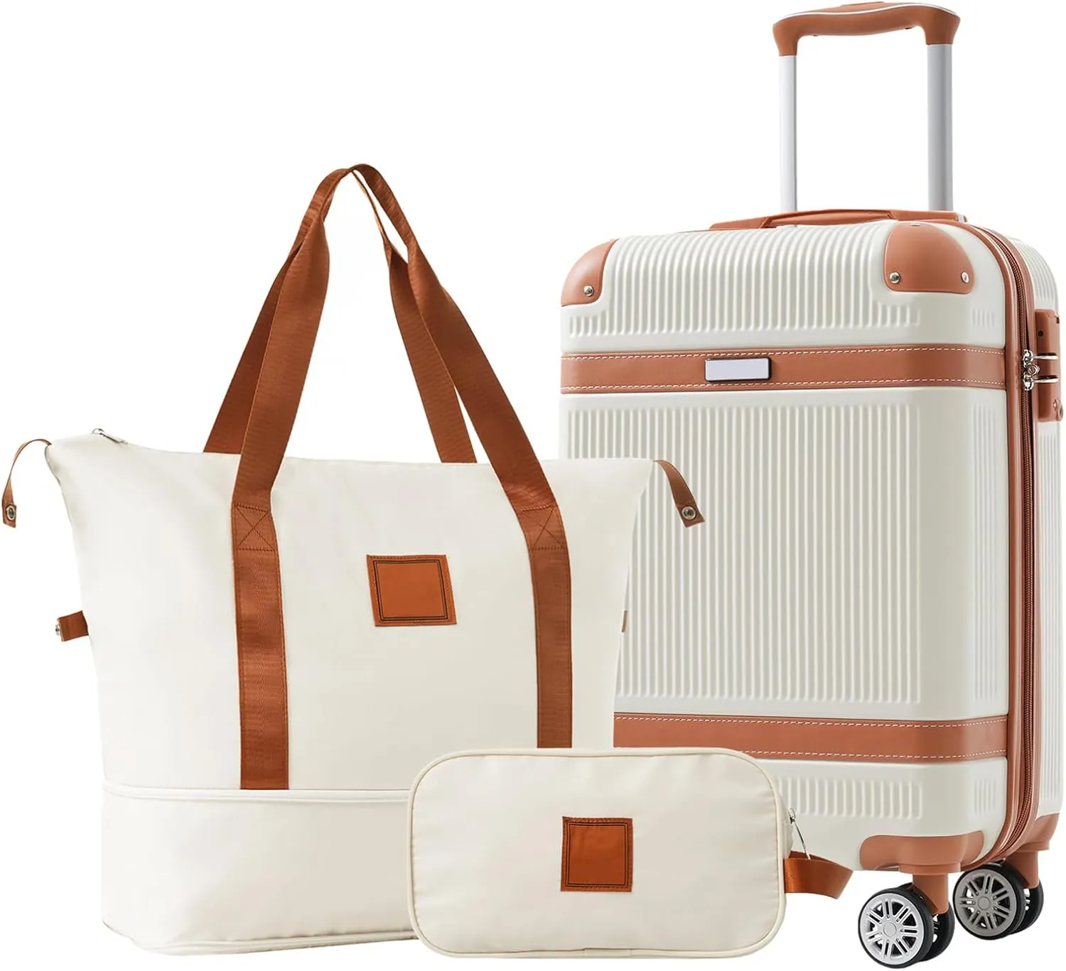 3-Piece Luggage Sets with Duffel Bag & Toiletry Bag, Hardshell ABS Suitcases with Double Spinner Wheels, Lightweight Travel Suitcase Set with TSA Lock for Men and Women (Fluted White)