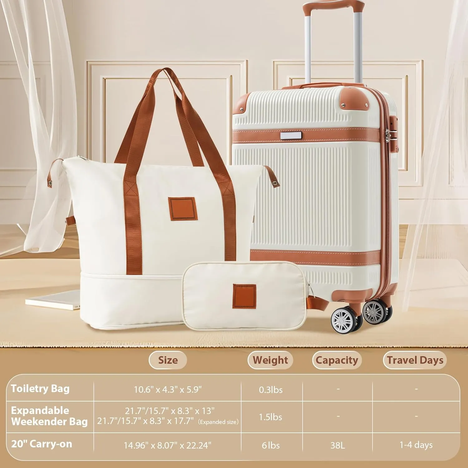 3-Piece Luggage Sets with Duffel Bag & Toiletry Bag, Hardshell ABS Suitcases with Double Spinner Wheels, Lightweight Travel Suitcase Set with TSA Lock for Men and Women (Fluted White)
