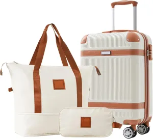 3-Piece Luggage Sets with Duffel Bag & Toiletry Bag, Hardshell ABS Suitcases with Double Spinner Wheels, Lightweight Travel Suitcase Set with TSA Lock for Men and Women (Fluted White)