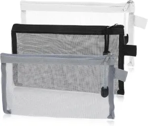 3pcs Mesh Cosmetic Bags, Travel Mesh Cosmetic Makeup Organizer Bags with Zipper Portable Makeup Pouch Nylon Makeup Pouches Travel Toiletry Bag for Home Office Purse