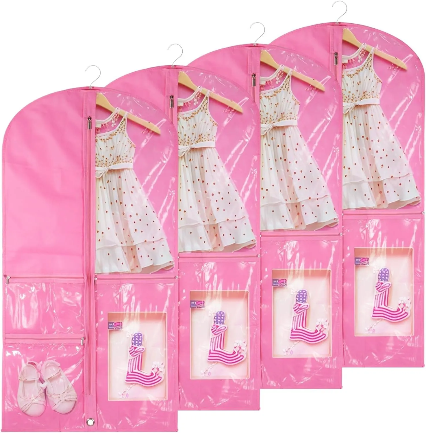 4-Pack Foldable Dance Garment Bags for Costumes, 40-Inch Zippered Dance Costume Bags with 4 Pockets, Portable and Compact Storage for Dancers