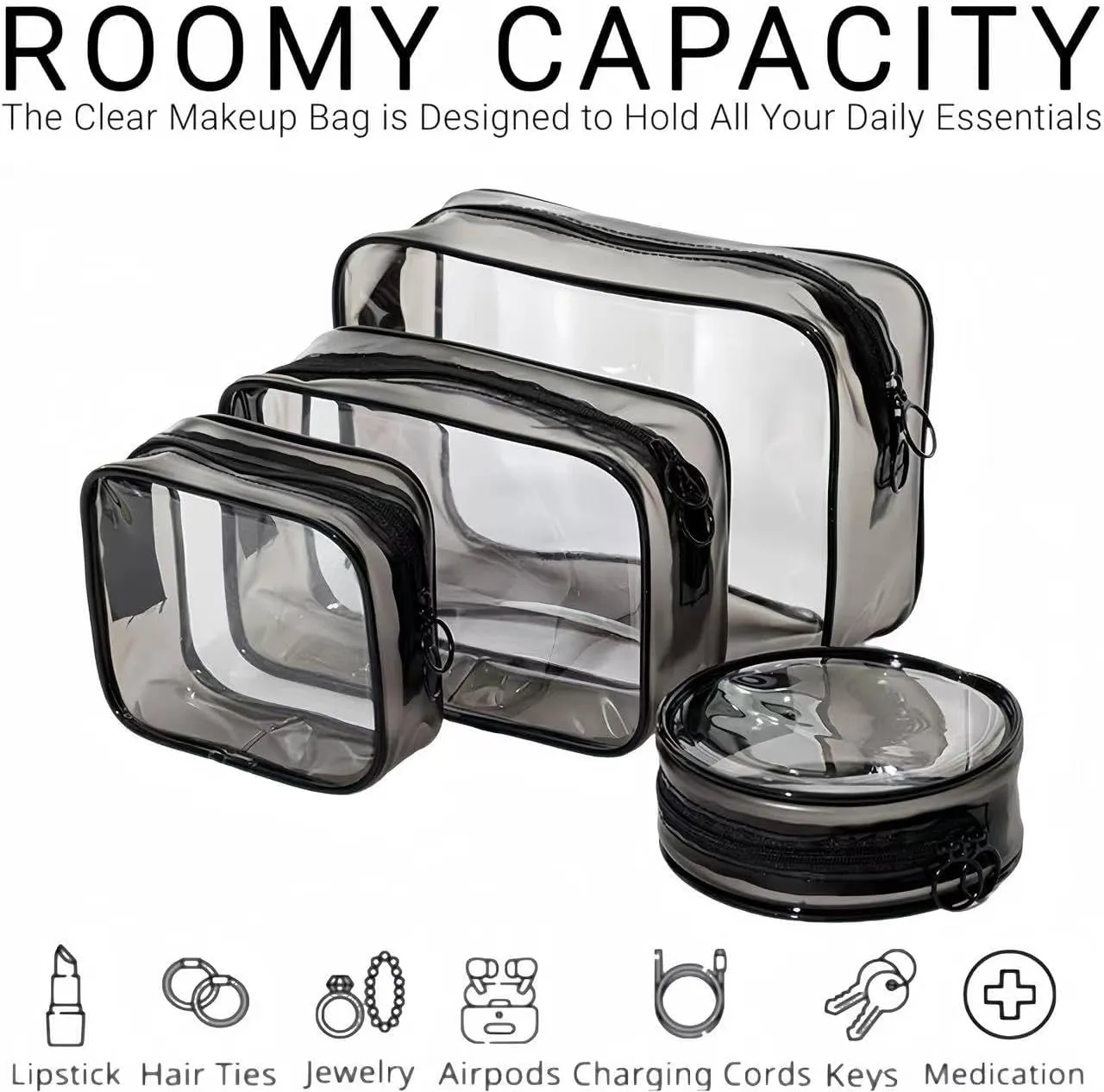 4PCs Clear Makeup Bag Set, Travel Cosmetic Zipper Pouch for Women, Transparent Makeup Organizer Storage Case Small Pouch for Make Up Brushes, Clear Travel Toiletry Bags for Girls with Zipper (Black)