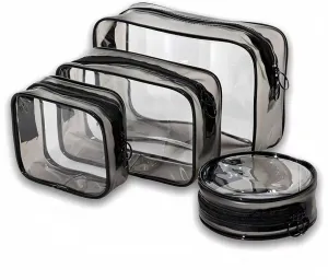 4PCs Clear Makeup Bag Set, Travel Cosmetic Zipper Pouch for Women, Transparent Makeup Organizer Storage Case Small Pouch for Make Up Brushes, Clear Travel Toiletry Bags for Girls with Zipper (Black)