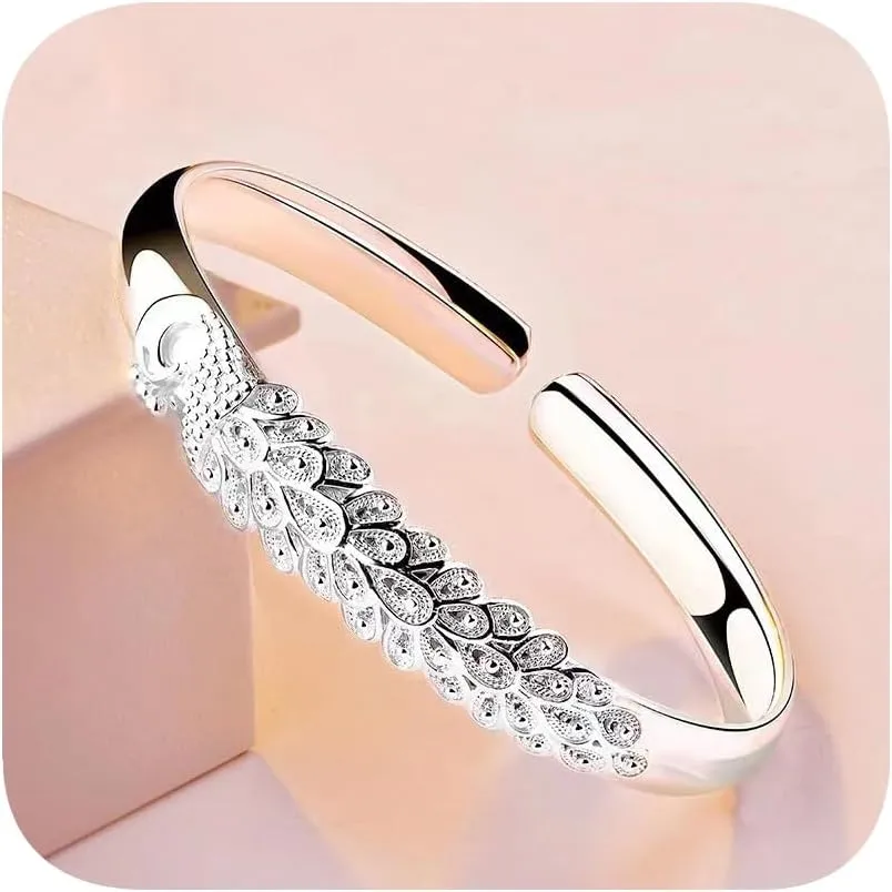 925 Silver Plated Cuff Bangle Bracelets Adjustable Jewelry Fashion Simple Open Bangles Cuff Jewelry for Women Mom Wife Mothers Day Jewelry Gift