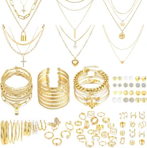 93 Pcs Gold Jewelry Set for Women Costume Jewelry Pack Gold Plated Necklace Bracelet Stackable Ring Earrings Jewelry Pack for Women