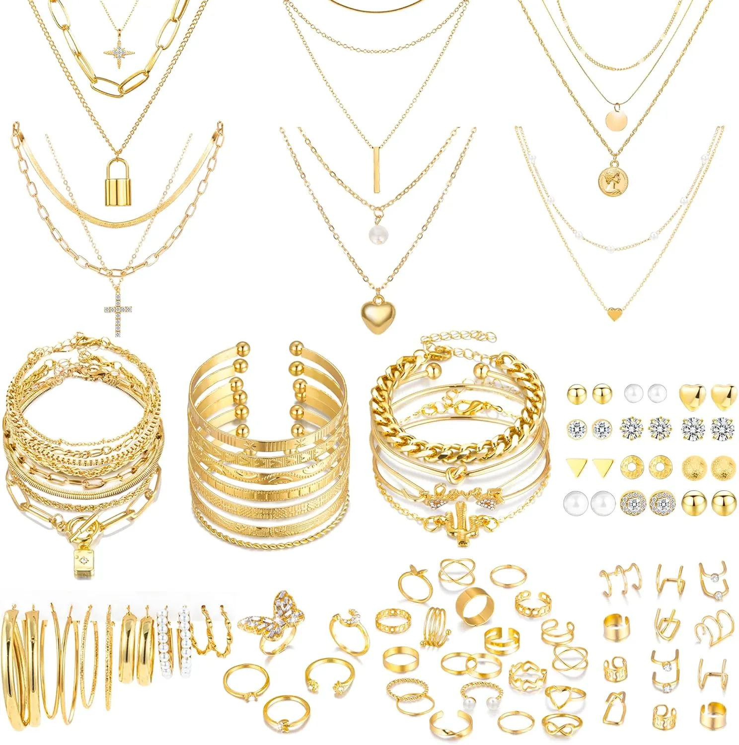 93 Pcs Gold Jewelry Set for Women Costume Jewelry Pack Gold Plated Necklace Bracelet Stackable Ring Earrings Jewelry Pack for Women