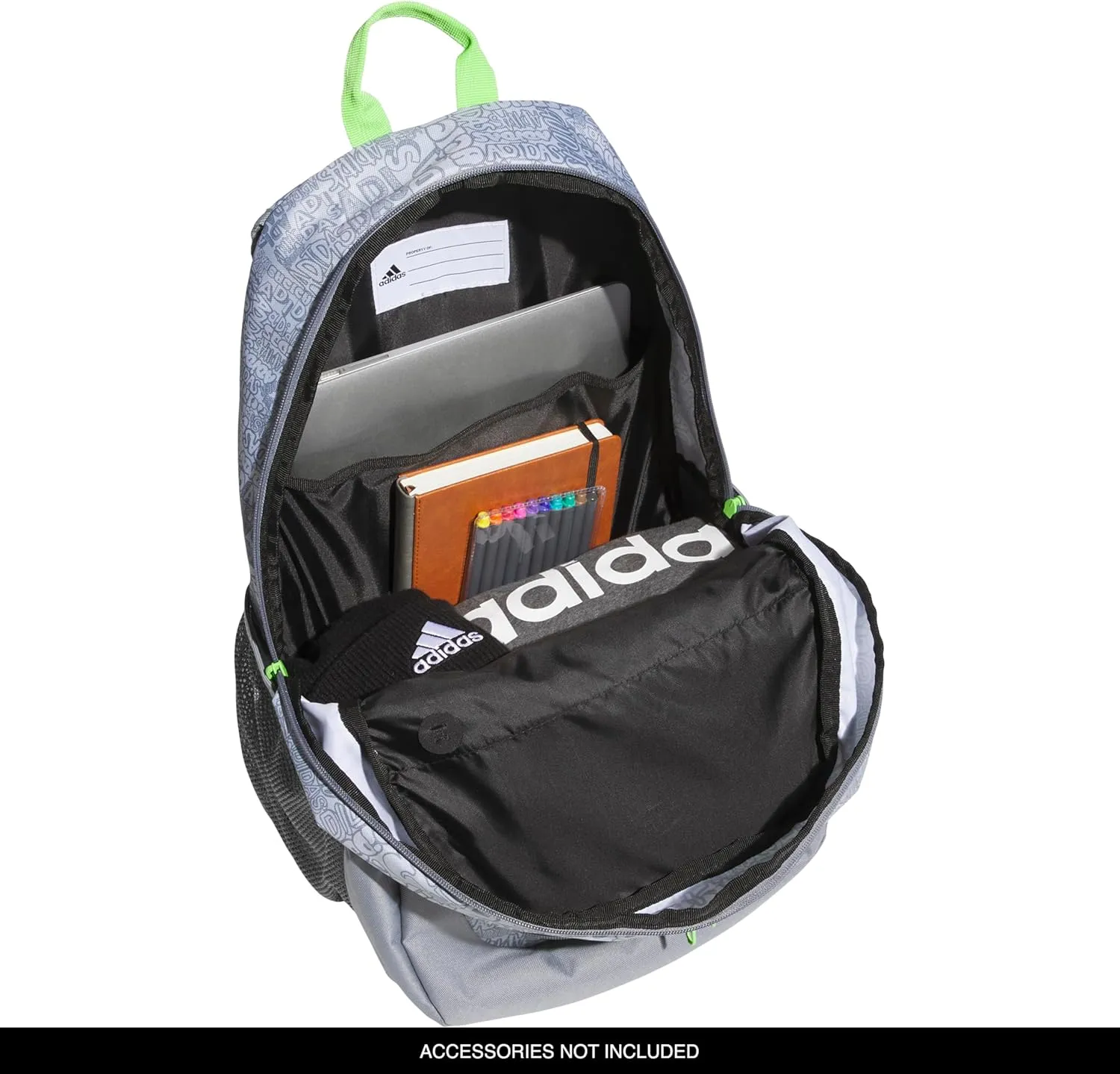 adidas Unisex Foundation Backpack for Laptop, Book Sleeve, Large Durable Athletic Gym Bag, Adi Font Madness Stone Grey/Lucid Lime Green, One Size