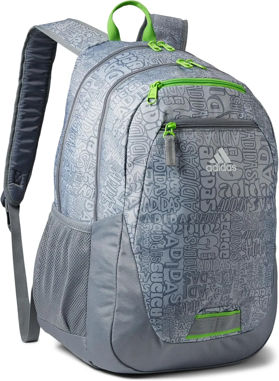 adidas Unisex Foundation Backpack for Laptop, Book Sleeve, Large Durable Athletic Gym Bag, Adi Font Madness Stone Grey/Lucid Lime Green, One Size