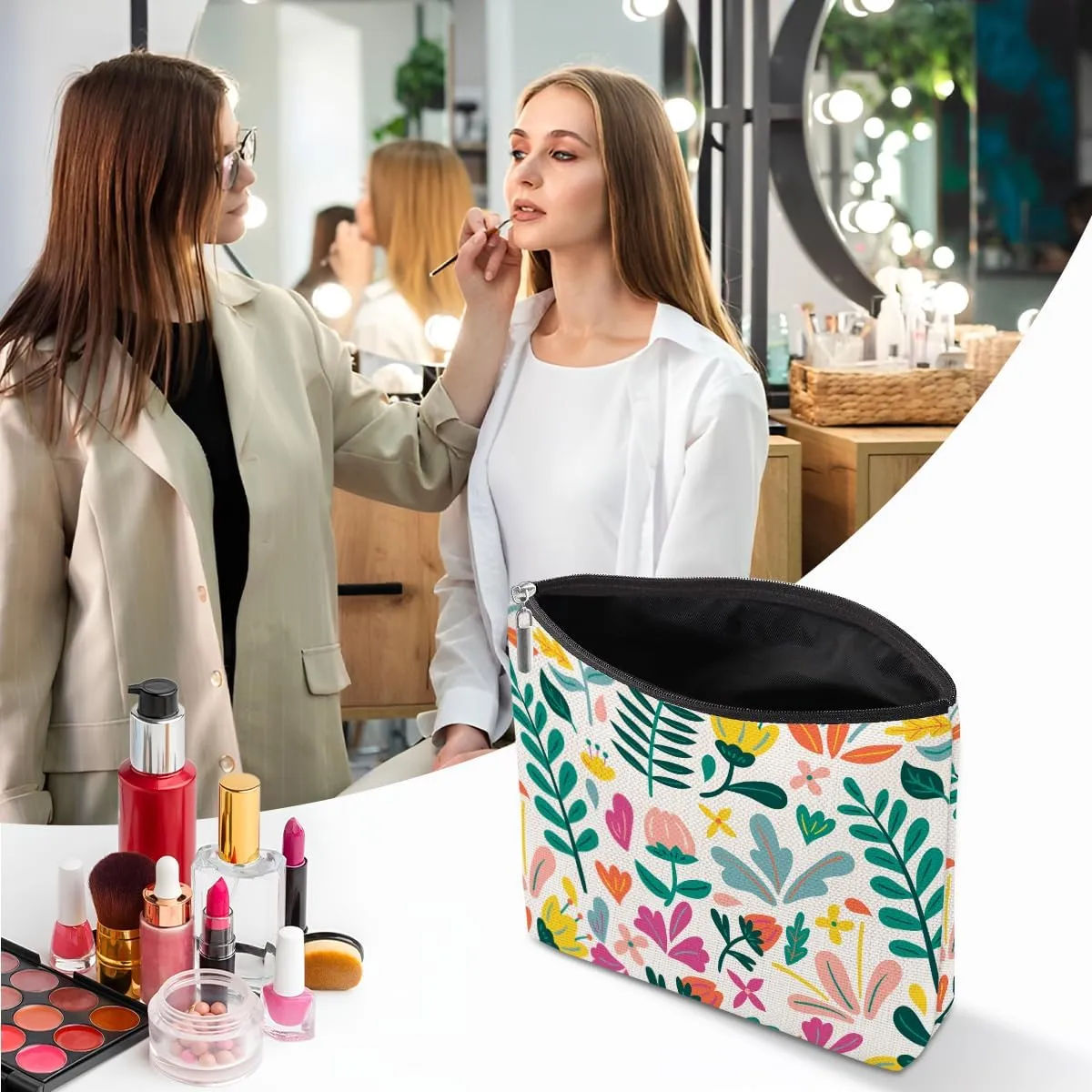 Aesthetic Flower Makeup Bag, Botanical Cosmetic Bag Floral Travel Pouch, Friendship Gifts for Women Girls Daughter Sisters Coworker Best Friends Bestie Graduation Birthday Gifts