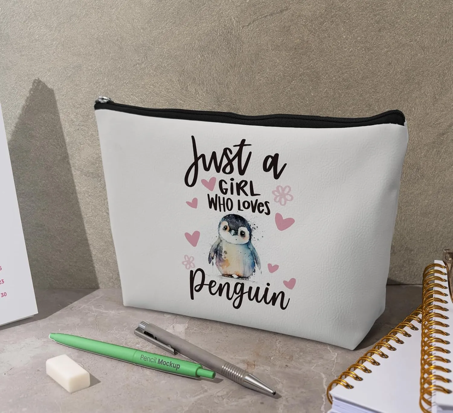 Aesthetic Penguin Makeup Bag for Women,Just A Girl Who Love Penguin Gifts Leather Small Zipper Pouch for Purse,Cosmetic Bag Zipper Pouch for Women Teens Girl,Small Makeup Bag