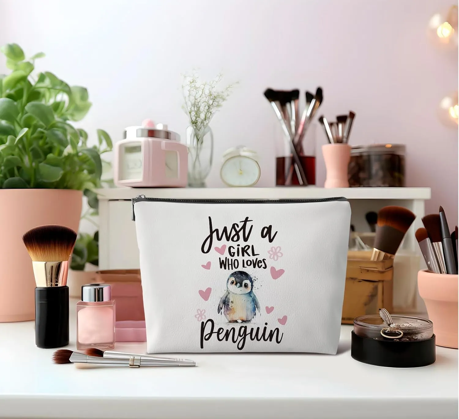Aesthetic Penguin Makeup Bag for Women,Just A Girl Who Love Penguin Gifts Leather Small Zipper Pouch for Purse,Cosmetic Bag Zipper Pouch for Women Teens Girl,Small Makeup Bag