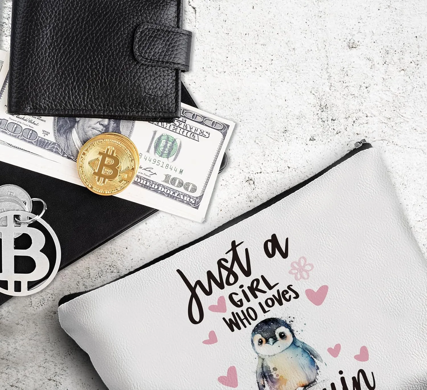 Aesthetic Penguin Makeup Bag for Women,Just A Girl Who Love Penguin Gifts Leather Small Zipper Pouch for Purse,Cosmetic Bag Zipper Pouch for Women Teens Girl,Small Makeup Bag