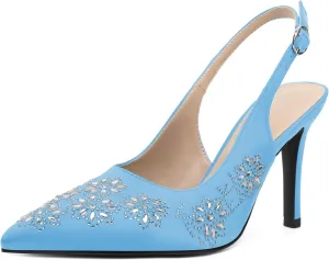 AUMOTED Women's Clear Mule Sandals Pointed Toe Slingback Heels Rhinestone Heels Pumps Wedding Shoes